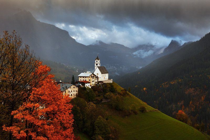 Alps, Church, Clouds, Colors, Dolomites, Dolomiti, Europe, Italy, Landscape, Light, Martin rak, Mountains, Nature, Travel, Trees, Village Rainy Eveningphoto preview