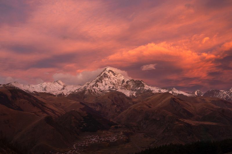 kazbek, mount kazbek, caucasus mountains, georgia travel, kazbegi, mountain morning, sunrise vibes, golden hour, misty mountains, peaceful morning, landscape photography, travel photography, nature photography, wanderlust, explore more, mountain magic Morning over Kazbekphoto preview