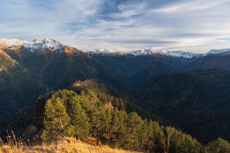 адыгея, горы, вечер, кавказ, снег, лес, закат В горахphoto preview