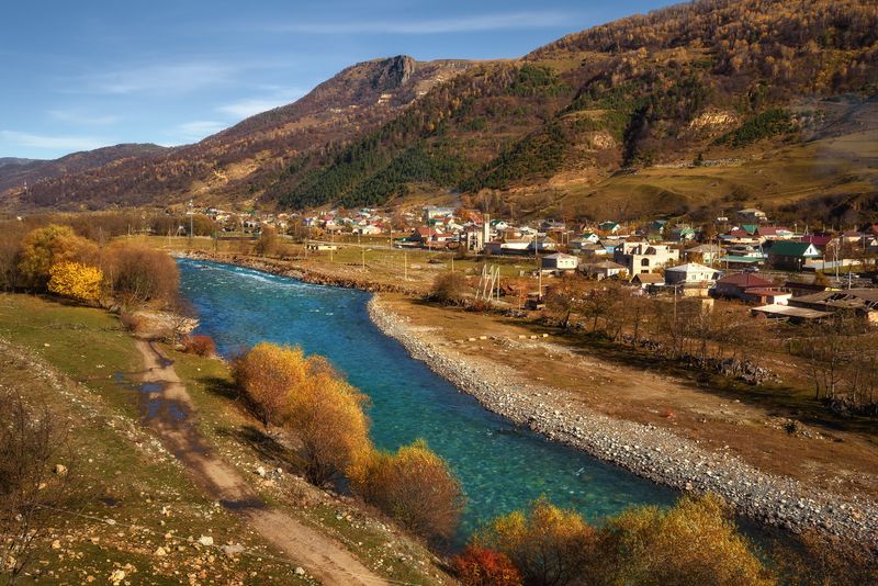 кавказ, горы, карачаево-черкесия, кчр, домбай, теберда, горная река, закат в горах, осень в горах Теберда осенью фото превью