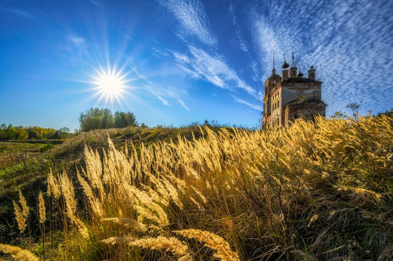 заброшка, вечер, закат, храм, кибол, владимирская область, россия, осень, православие, солнце, суздальское ополье photo preview