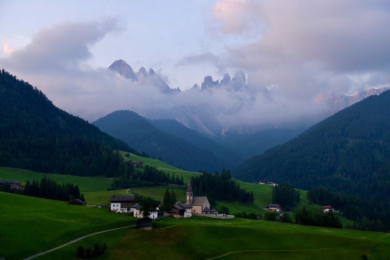 Landscapes, Italy, South Tyrol, Dolomites, Church Santa Maddalena,  Облачно над Доломитамиphoto preview