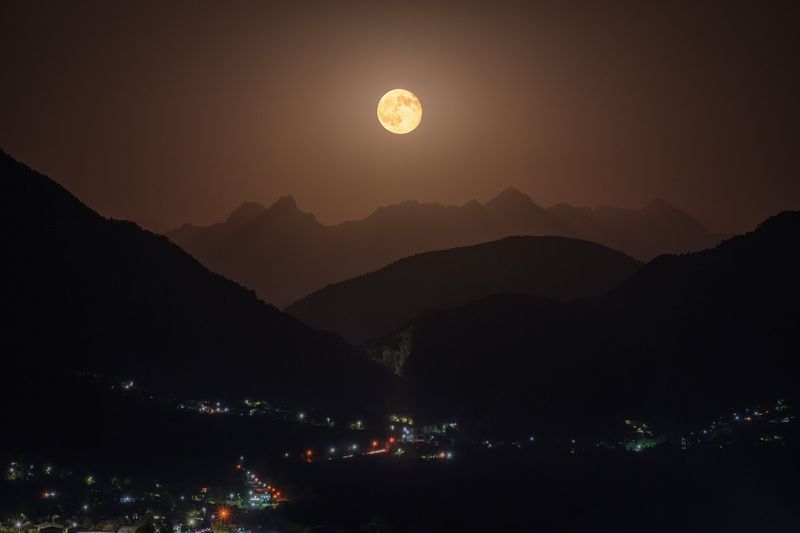 moon, moonlight, mountains, night, ambrolauri, racha, lechkhumi, town, lights, nature, landscape, scenery, travel, outdoors, georgia, sakartvelo, chizh Moon Over Ambrolauriphoto preview