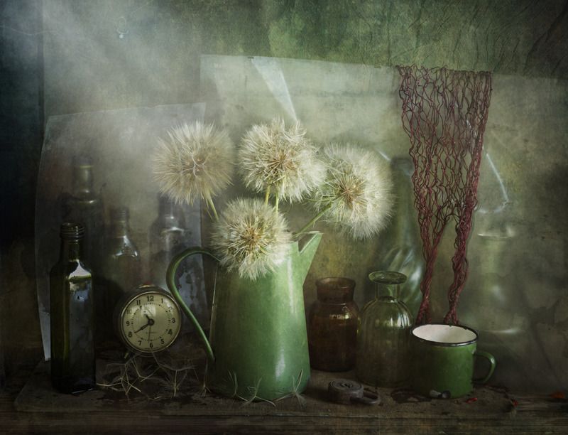 ретро, винтаж, бутылки, будильник, одуванчики, стекло,замок, авоська Время.Воспоминания. фото превью