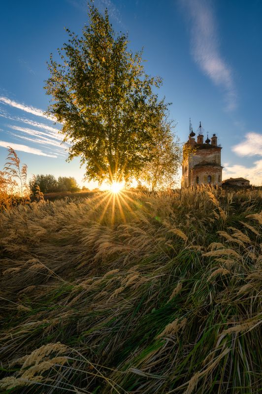 заброшка, вечер, закат, храм, кибол, владимирская область, россия, осень, православие, солнце, суздальское ополье, берёзка Солнце за берёзкойphoto preview