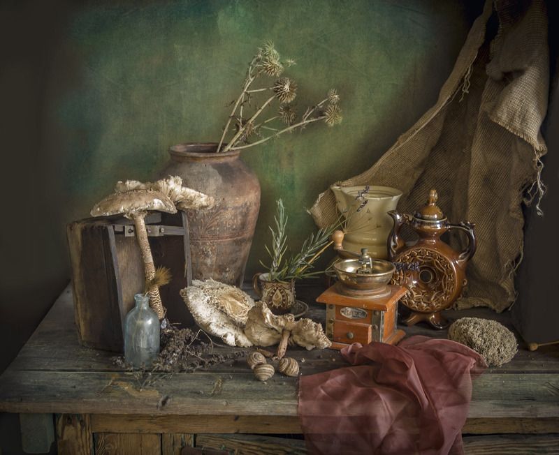 гриб, осень, крынка, кувшин, ягель, кофемолка С  грибами Зонтиками пёстрыми фото превью