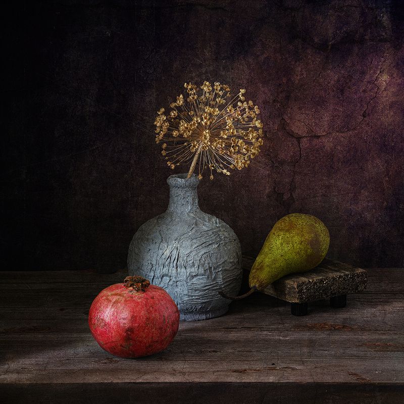 груша, гранат, подставка, фрукты, ваза photo preview