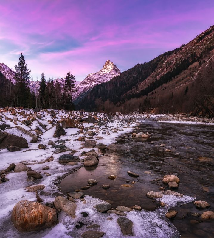 кавказ, горы, карачаево-черкесия, кчр, домбай, теберда, горная река, рассвет в горах Предрассветные краски небаphoto preview