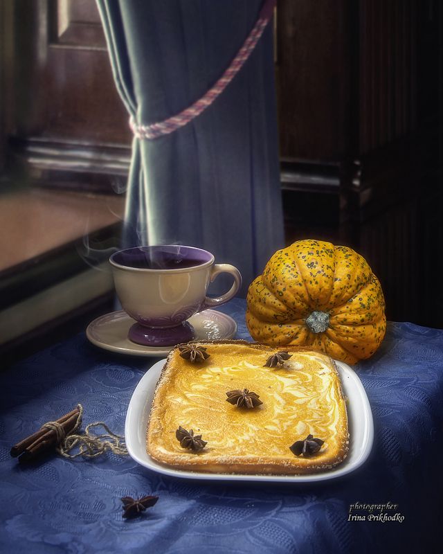 натюрморт, выпечка, еда, напитки, завтрак, творожно-тыквенная запеканка, десерт Творожно-тыквенная запеканкаphoto preview