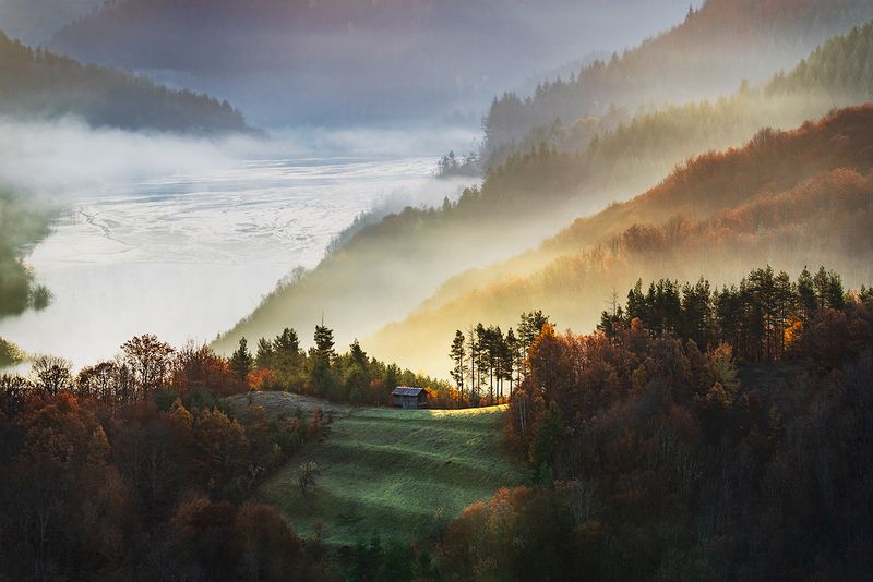 landscape, nature, scenery, summer, sunrise, morning, dawn, fog, foggy, mist, misty, clouds, mountain, trees, пейзаж, рассвет, горы Autumn palette / Осенняя палитраphoto preview