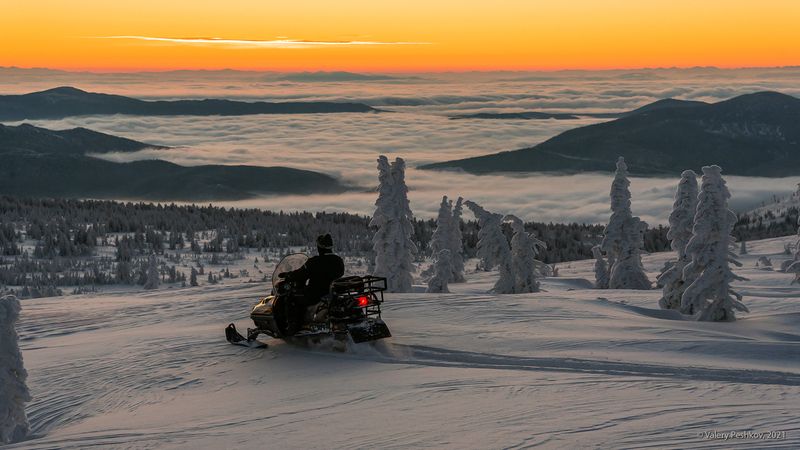 утро, сумерки, рассвет, зимнее утро,снегоход, снег, иней, мороз, зима, пихты, гора курган, шерегеш, горная шория, сибирь Рассвету навстречуphoto preview