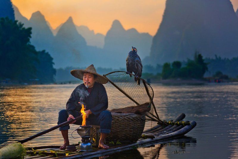 китай, закат, река ли, баклан, рыбак Время зажигать фонариphoto preview