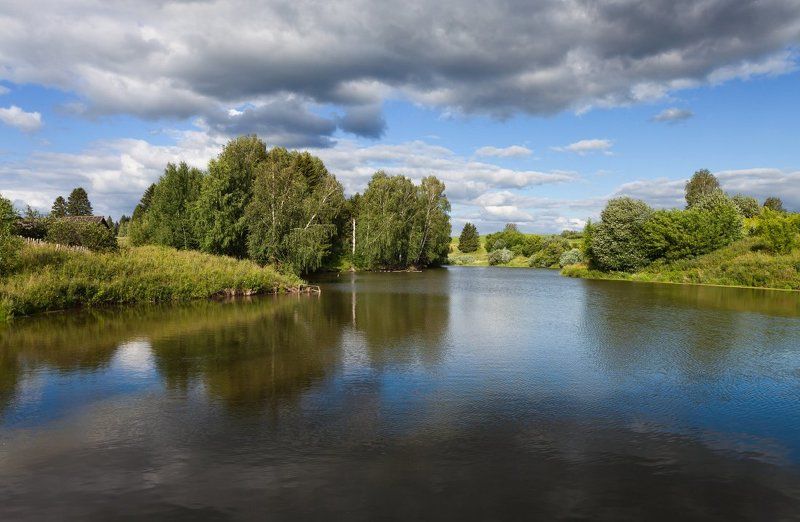 Озеро вода пруд трава деревья лес облака отражения лето Летнее озероphoto preview