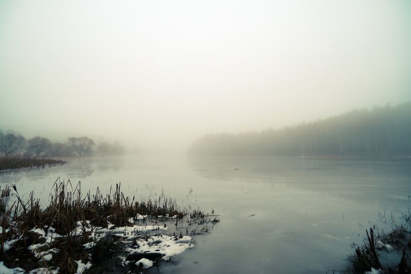 Пейзаж, туман, зима, лед, природа, атмосфера, мистика Туманный день на берегу замёрзшей реки (2)photo preview