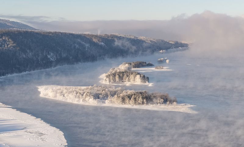 сибирь, мороз, островки, туман, иней, енисей Парящие островкиphoto preview