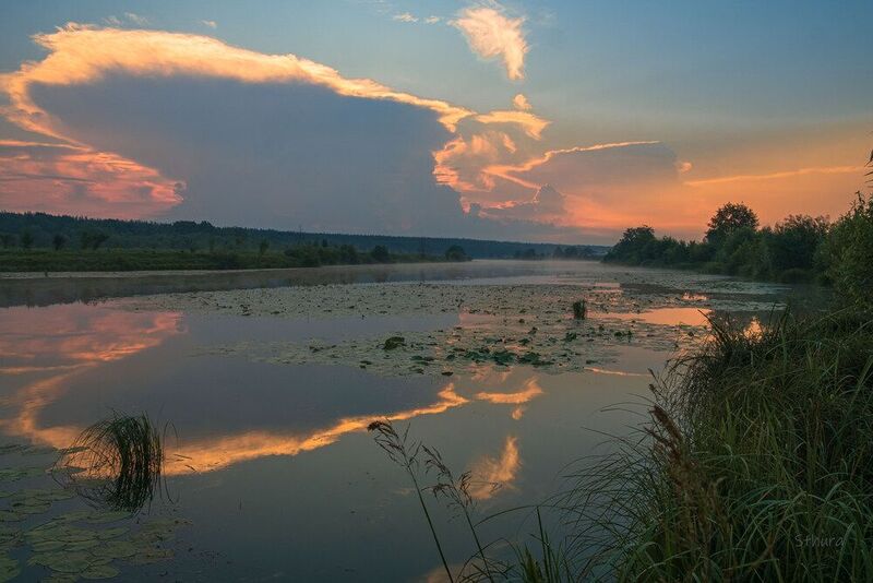 лето озеро рассвет облака отражение природа пейзаж Утреннее облако.photo preview
