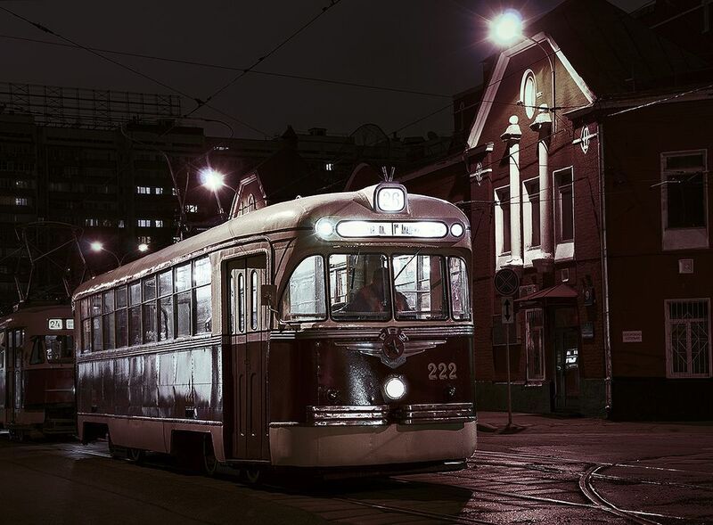 рвз-6, трамвай, ночь, депо им. апакова, рельсы, фонари. Ночной трамвайphoto preview
