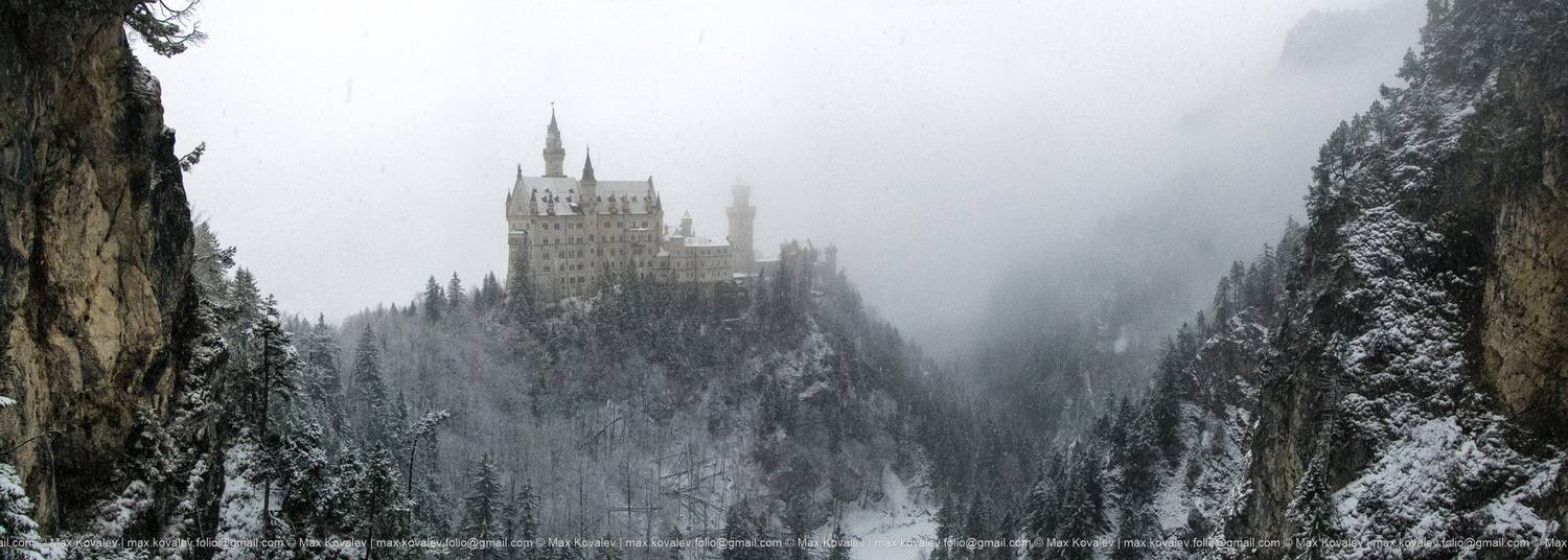 europe, germany, hohenschwangau, neuschwanstein castle, building, castle, fog, forest, mountain, nature, plant, snow, tree, winter, германия, европа, нойшванштайн замок, гора, дерево, замок, здание, зима, лес, природа, растение, снег, туман, Ковалёв Максим