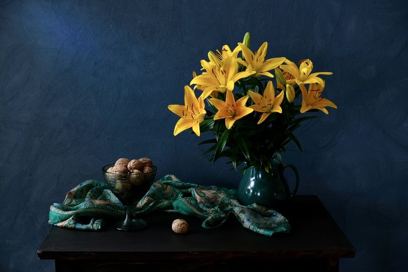Still life, Colors, Flowers, Walnuts, Lilies, Scarf,  Жёлтые лилииphoto preview