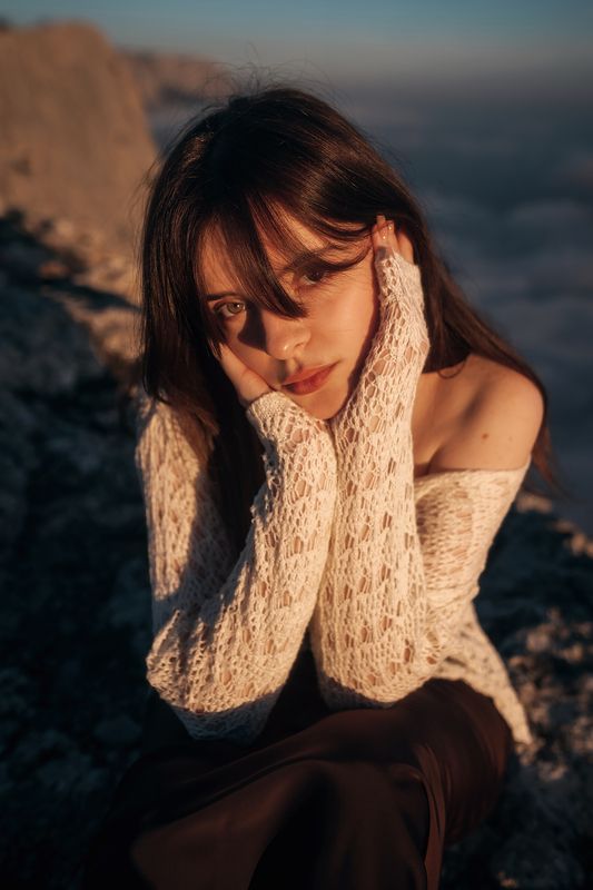 #girl #mountains #rocks #clouds #fog #sunset #outdoors #nature #portrait #landscape #evening #hills #sky #dress #cliff Krisphoto preview