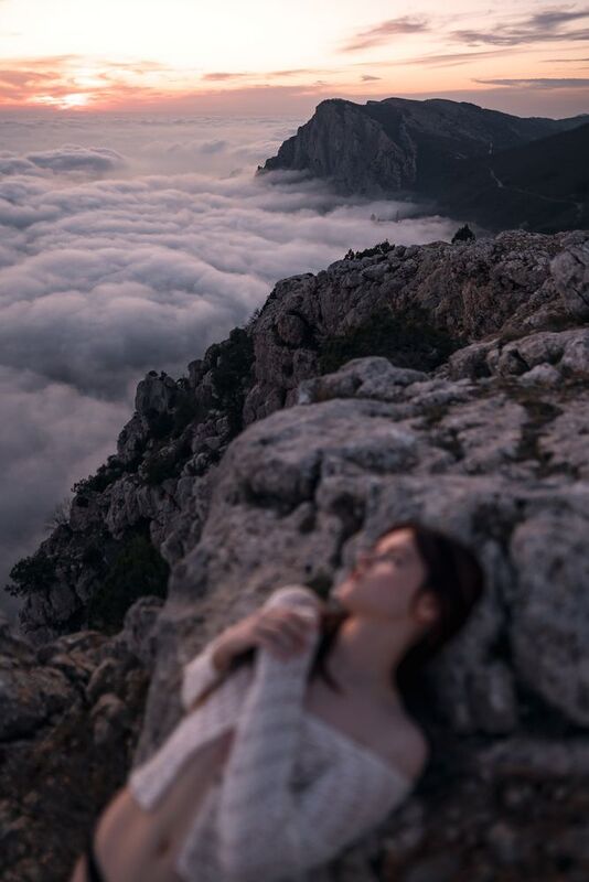 #girl #mountains #rocks #clouds #fog #sunset #outdoors #nature #portrait #landscape #evening #hills #sky #dress #cliff Krisphoto preview