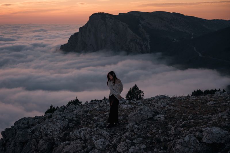 #girl #mountains #rocks #clouds #fog #sunset #outdoors #nature #portrait #landscape #evening #hills #sky #dress #cliff Krisphoto preview