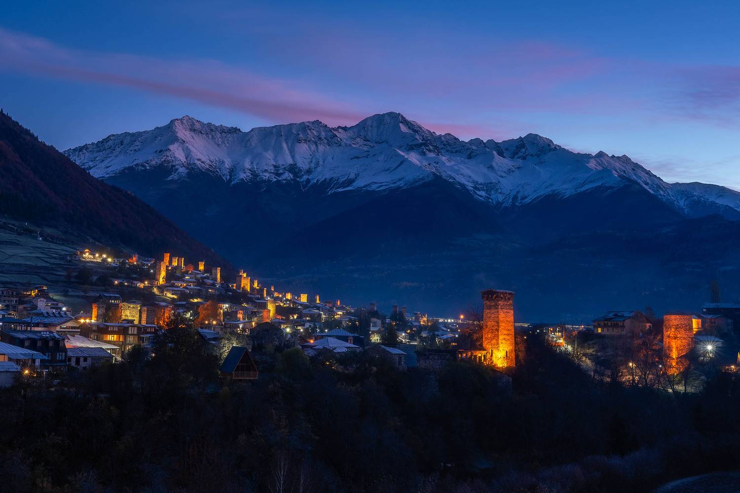 georgia, mestia, landscape, cityscape, night, lights, mountains, Алексей Вымятнин