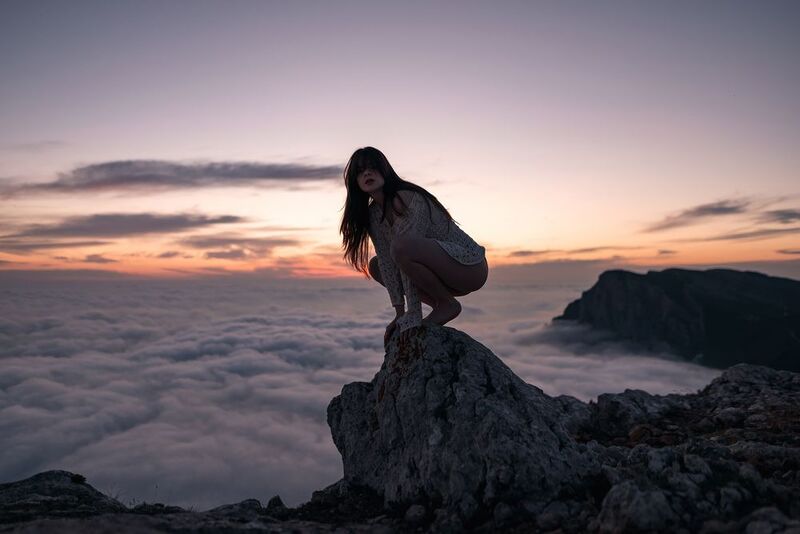 #girl #mountains #rocks #clouds #fog #sunset #outdoors #nature #portrait #landscape #evening #hills #sky #dress #cliff Krisphoto preview