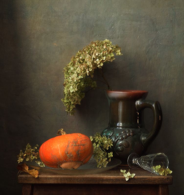 натюрморт,кувшин,гортензия,цветы,тыква,осень осенний)) фото превью