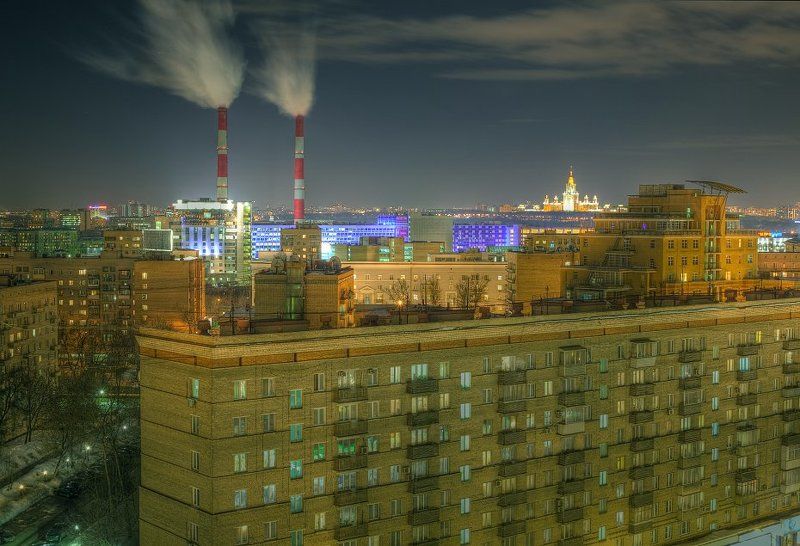 крыша, крыши, город, москва, зима, трубы, ночь, пар Шпарятphoto preview