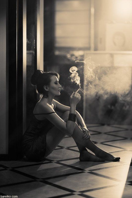 bw, black and white, young, woman, erotic, smoke, light photo preview