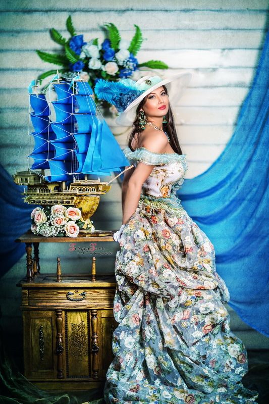 фотопроект, тематическая фотосессия, яхта, парусник, корабль, девушка, платье Blue dream!* фото превью