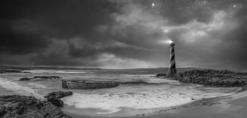 Black and white, Clouds, Dark, Light, Lighthouse, Water, Waves light in the darkphoto preview