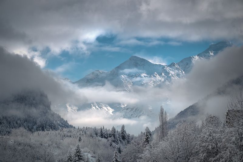 svaneti, mestia, tetnuldi, mountain, sky, clouds, snow, snowfall, winter, january, trees, mountains, nature, high, landscape, scenery, travel, outdoors, georgia, sakartvelo, caucasus, chizh Tetnuldi Mountain In Winter Clothesphoto preview