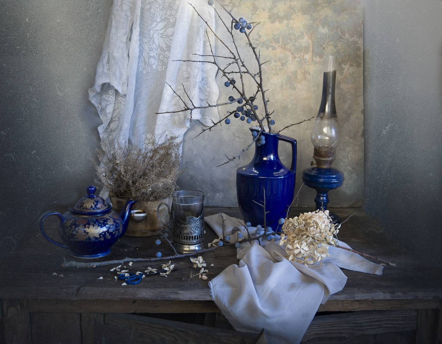 кувшин, лампа, тёрен,сухоцветы,чай, подстаканник, Зимина Лионелла