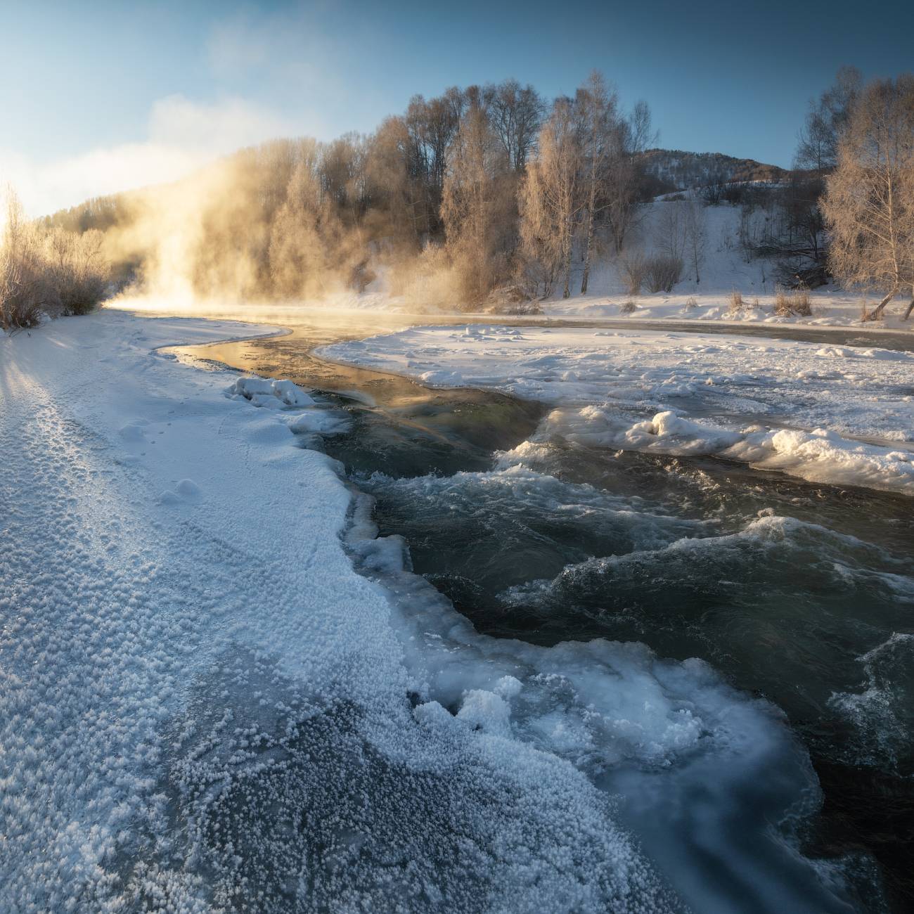 алтайский край, солонешенский район, предгорья, алтайское холмогорье, зима в предгорьях, солонешье, ануй, куржак, рассвет, река парит, Рубан Алёна