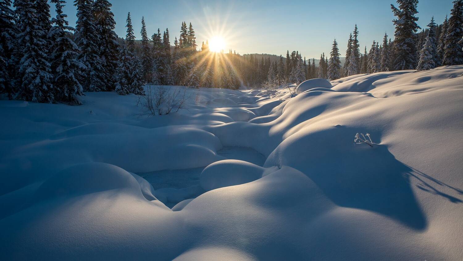 ергаки, река, буйба, светлый, камни,  валуны, снег,  зима, кедры, закат, солнце, вечер, ели, сугробы, мороз, лед, Мальцев Юрий
