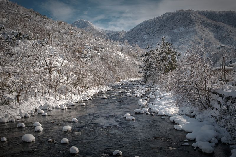 winter, snow, сhakvistskali, river, mtirala, mountains, forest, nature, landscape, scenery, travel, outdoors, georgia, sakartvelo, adjara, chizh Mtirala Under Snowphoto preview