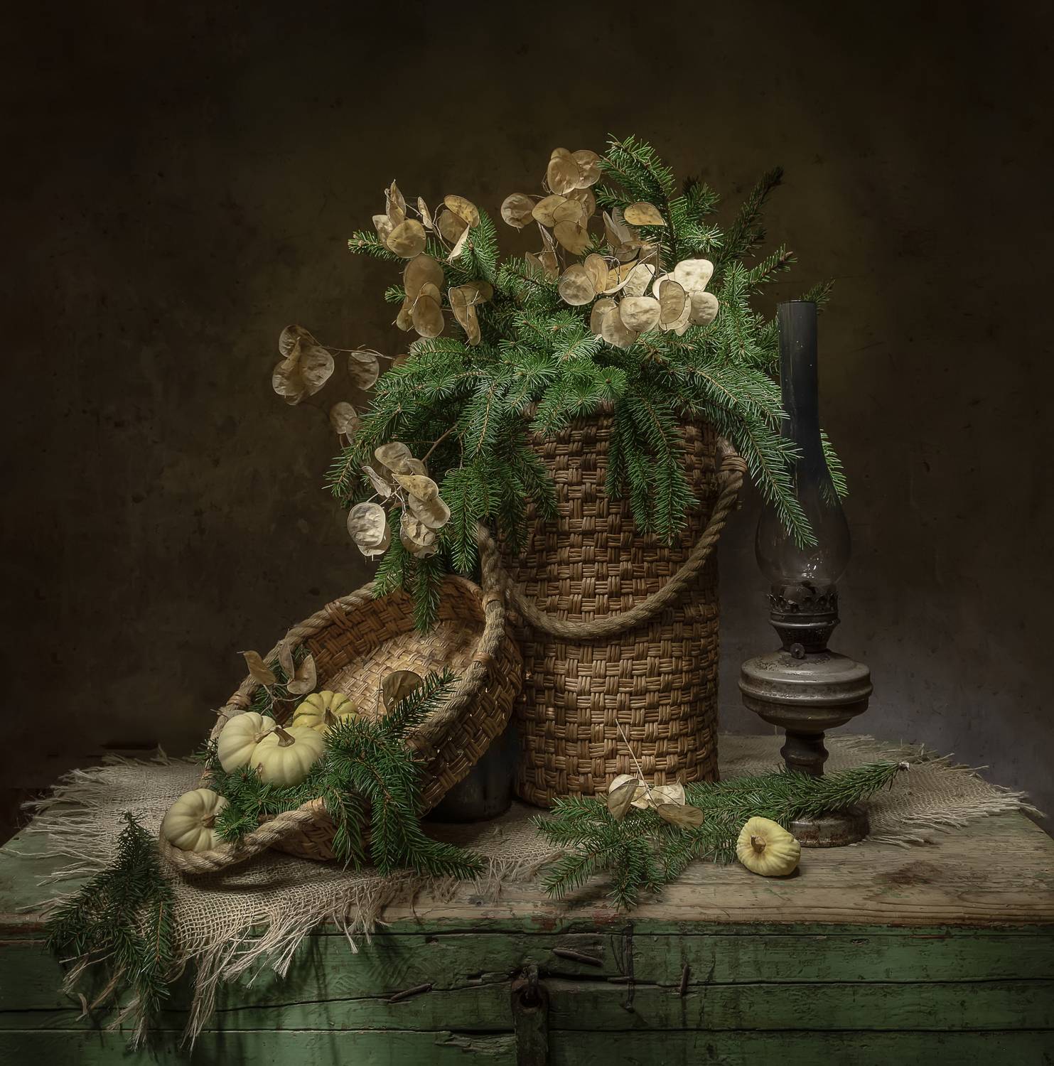 натюрморт, ель, лунник, тыквы, Татьяна Феденкова