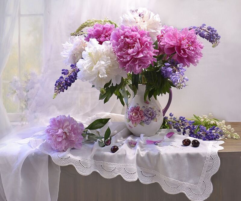 still life, натюрморт, цветы, фото натюрморт, лето, июнь, цветы, пионы, люпины, черешня, настроение О летних днях воспоминанье...photo preview