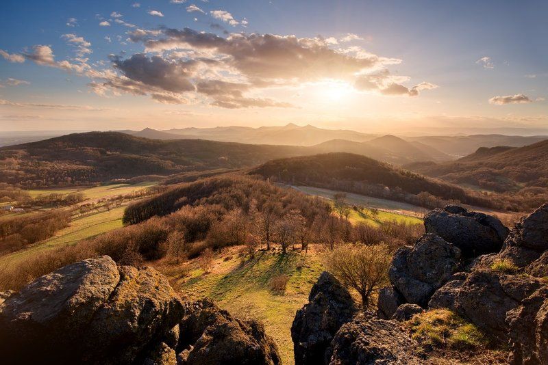 czech republic, Czech central mountains, mountains, rocks, clouds, sunset, meadows Czech central mountainsphoto preview