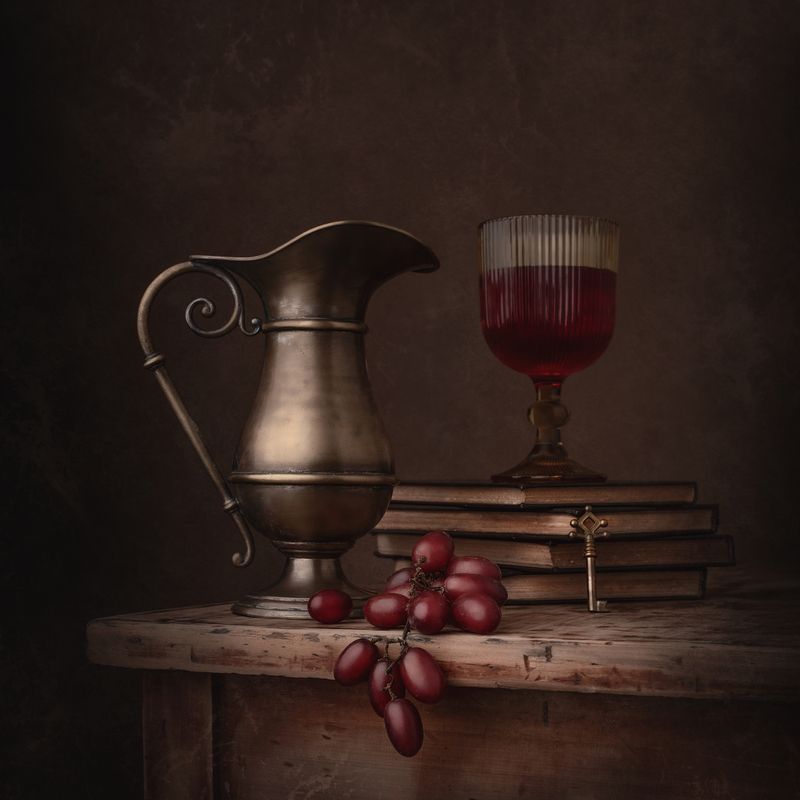 Still life, wine, light, colors, red, wood The winephoto preview