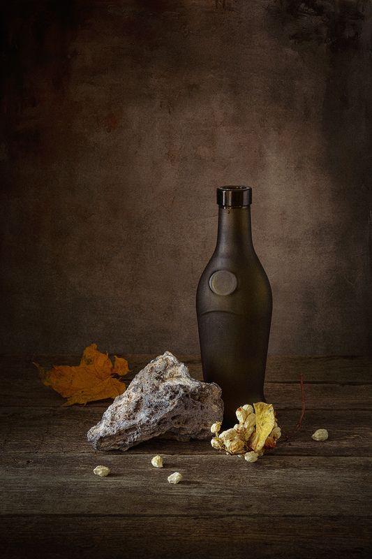 бутылка, камень, кленовый лист, ягоды photo preview