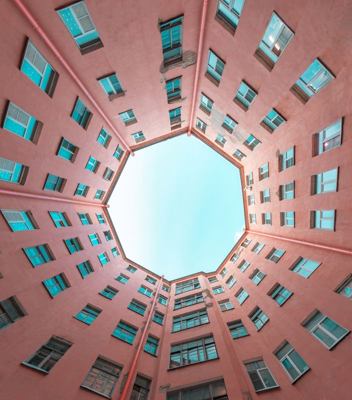 architecture, lights, day, Russia, spb, outdoors, city, travel, geometry, pattern  Колодец Светаphoto preview