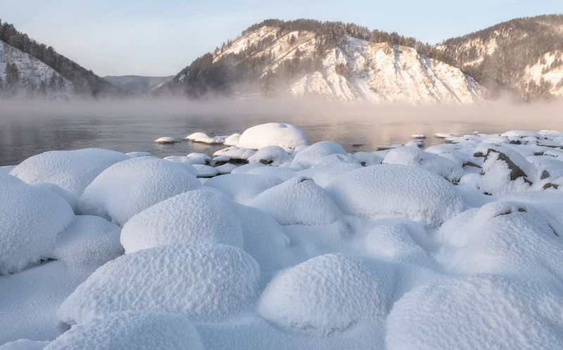 зима, мороз, камни, берег, иней, енисей Снежные камниphoto preview