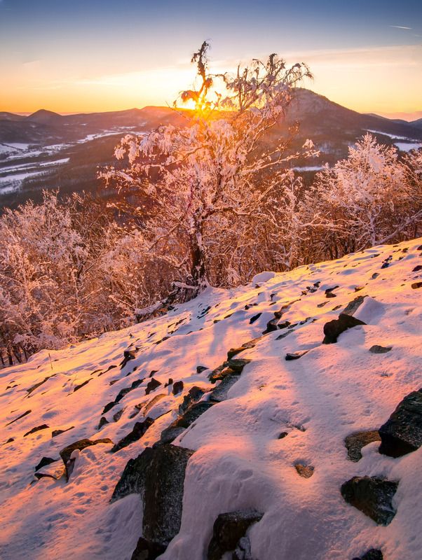 czechia, central bohemian uplands,winter,snow,cold,susnet,golden When the day is ending in Central Bohemian Uplandsphoto preview