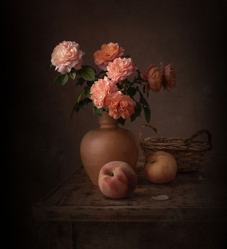 Still life, roses, peach, table, wood, colors, textures Quiet morningphoto preview
