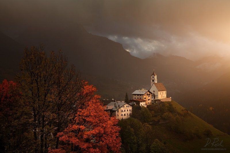 Italy, Alps, Tyrol, Europe, Dolomites,  Colle Santa Lucia, church, rain, autumn, fog, mist, colors, automn colors, mountain,  villages, house, rain evening, South Tyrol, Alpine church, clouds, sky, autumn landscape, danielrericha Among rainphoto preview