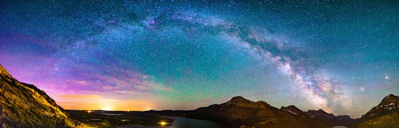 canada, alberta, waterton, milky way, air glow, colours, june, panorama В ночи.photo preview