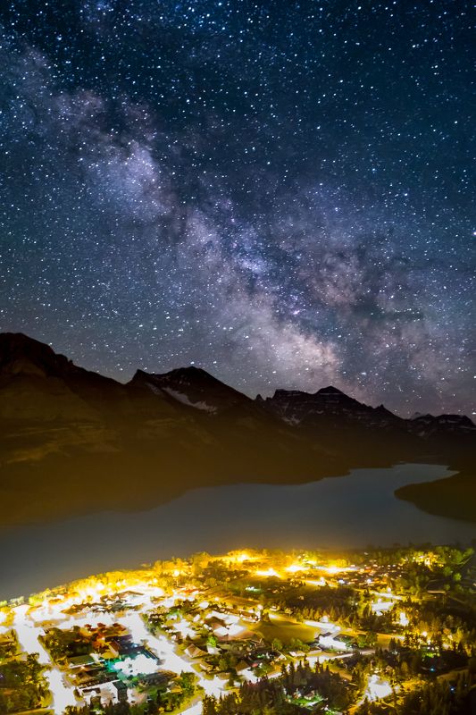 canada, alberta, waterton, night, milky way, stars, galaxy, lake Ночной городphoto preview